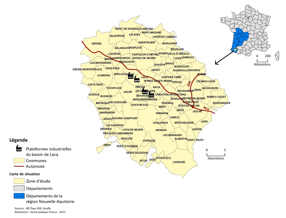 Carte de la zone d'étude du bassin de Lacq