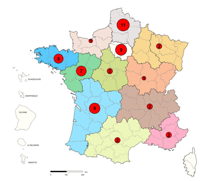 Figure 2 : Distribution géographique des cas confirmés de SHU et d’infections à STEC (N=53) en lien avec la consommation de pizzas Fraîch’Up de marque Buitoni®, par région de résidence France métropolitaine, semaines 3 à 11, 2022