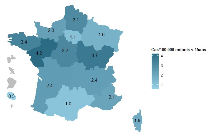 Taux d’incidence annuel régional du syndrome hémolytique et urémique pédiatrique par 100 000 enfants de moins de 15 ans. France, 2022