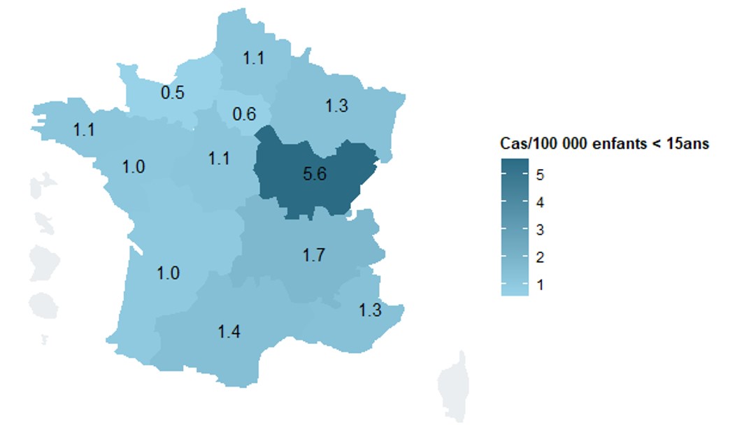 Taux d’incidence annuel régional du syndrome hémolytique et urémique pédiatrique par 100 000 enfants de moins de 15 ans. France, 2023
