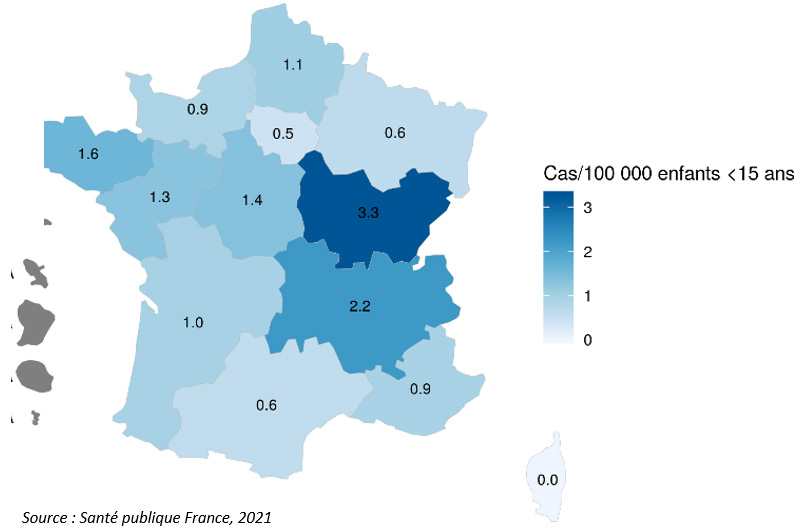 Taux d’incidence annuel régional du syndrome hémolytique et urémique pédiatrique par 100 000 enfants de moins de 15 ans. France, 2021