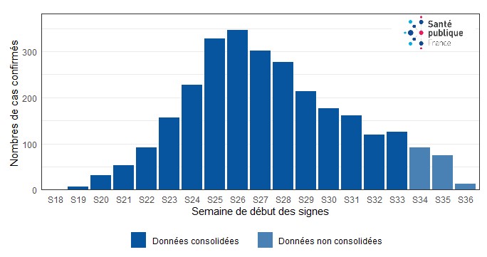 Figure 1. Cas confirmés de variole du singe (n=2 797 cas, nombre de données manquantes : 1 101) par semaine de début des symptômes, France, mai-septembre 2022 (données au 15/09/2022 – 12h00).