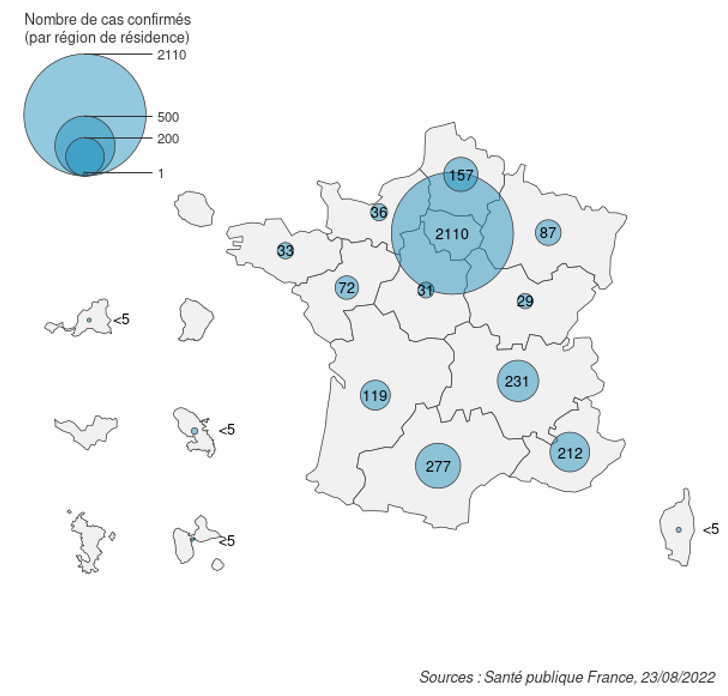 Figure 1. Cas confirmés biologiquement de variole du singe (n=3 402 cas) par région de résidence (ou par région de signalement lorsque la région de résidence est inconnue), France, mai-août 2022 (données au 23/08/2022 – 18h00)