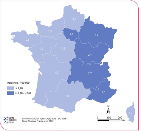 Figure 3. Distribution du taux d’incidence standardisé* de la légionellose selon la région (nouvelle) de domicile en France métropolitaine, 2016