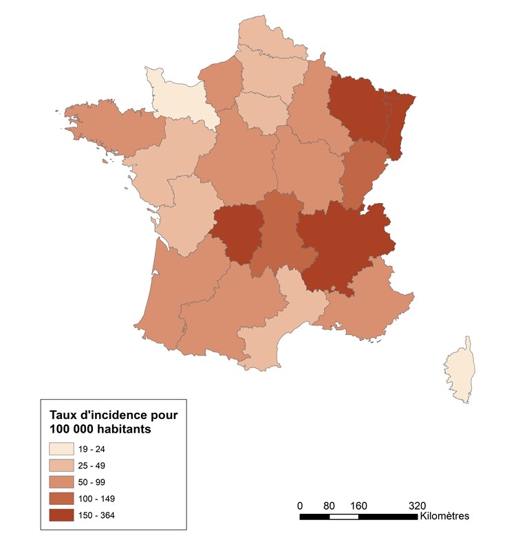 Estimation du taux d’incidence annuel moyen de la borréliose de Lyme par région, France métropolitaine, 2017 – 2021)