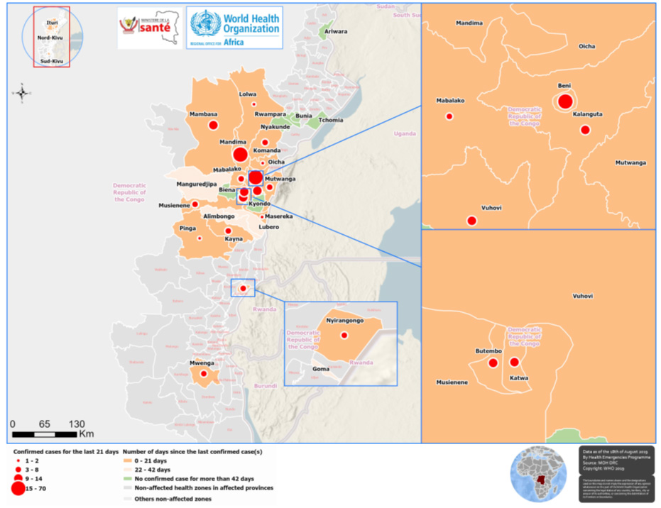 Figure 2 : Répartition géographique des cas de MVE en République démocratique du Congo au 25 juillet 2019.