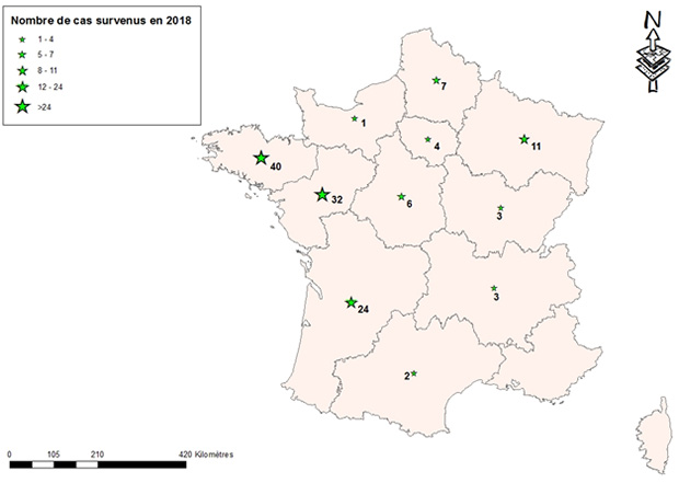 Figure 3 - Distribution des cas de tularémie survenus en France en 2018 par région de résidence