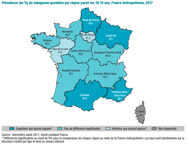 prévalence du tabagisme quotidien par région parmi les 18-75 ans, France métropolitaine, 2017