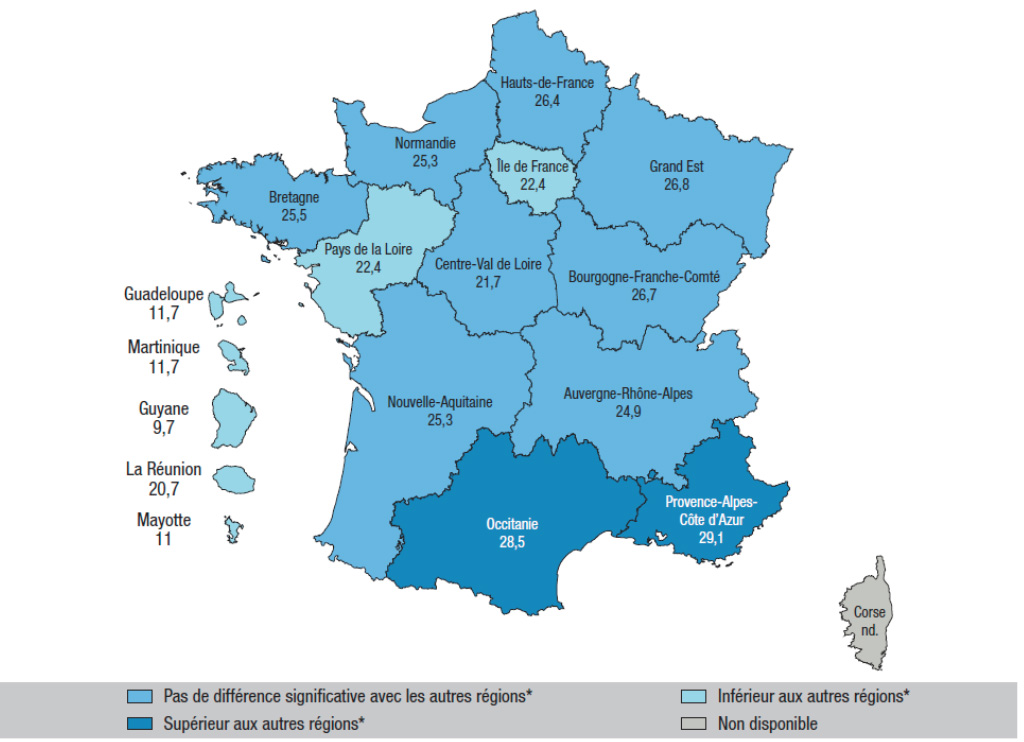 Prévalence (en %) du tabagisme quotidien par région parmi les 18-75 ans, France, 2021