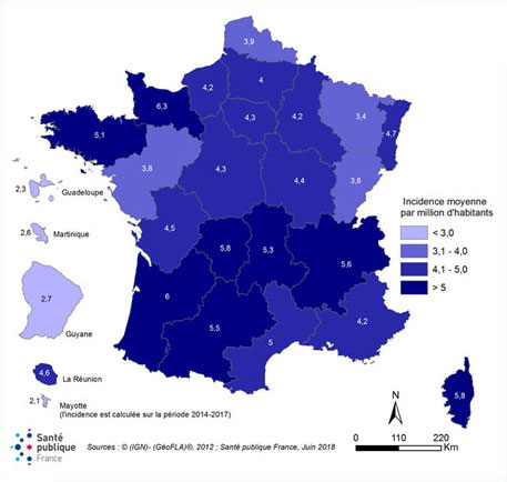 Incidence annuelle de la listériose par million d'habitants en France, de 1999 à 2017