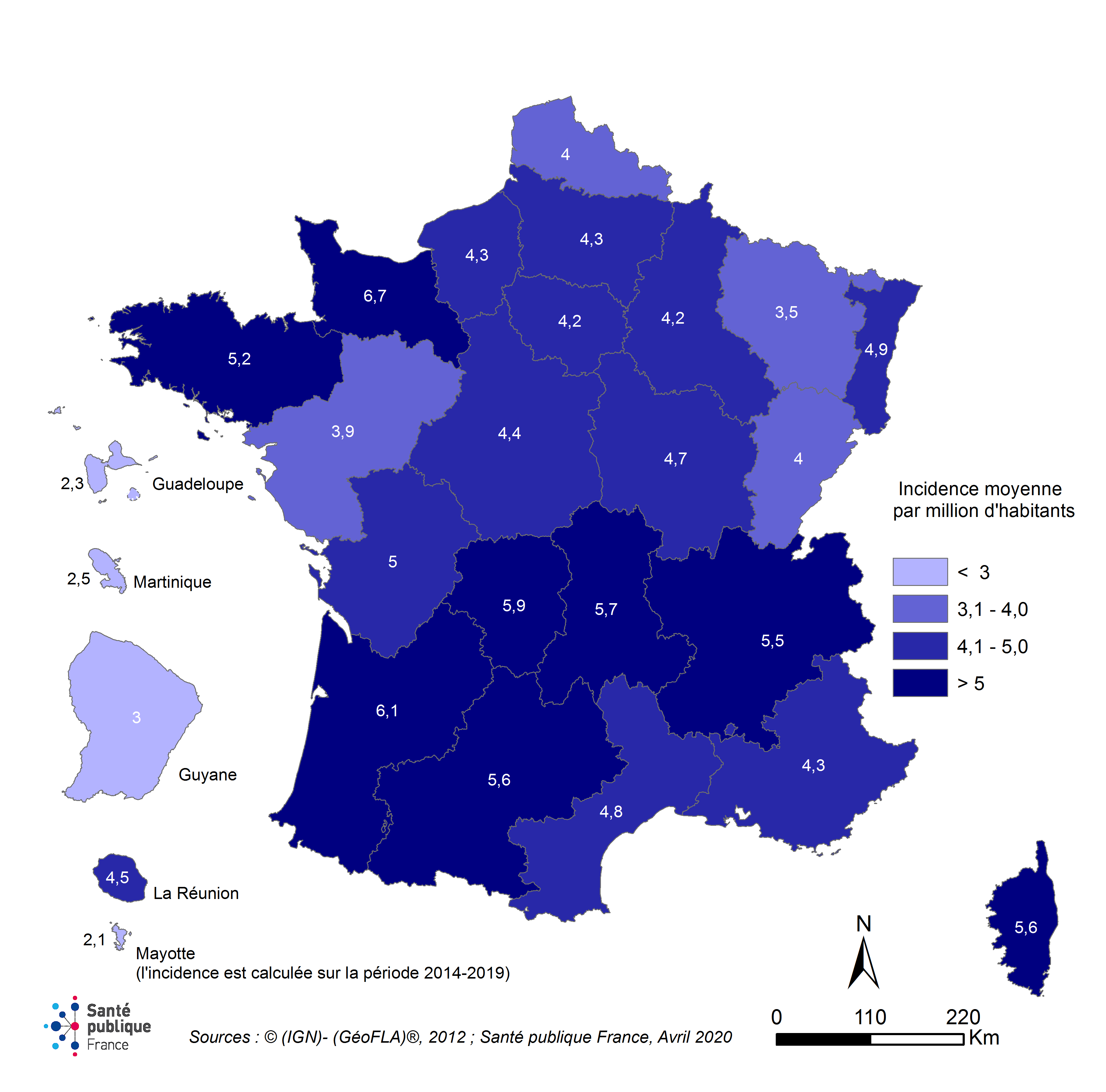 Incidence régionale moyenne de la listériose par millions d’habitants de 1999 à 2019 / anciennes régions