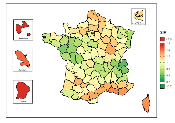Rapports standardisés d’incidence par département de France métropolitaine (2007-2016), et d’incidence observée en Guadeloupe (2008-2014), Martinique (2007-2014) et Guyane (2010-2014)