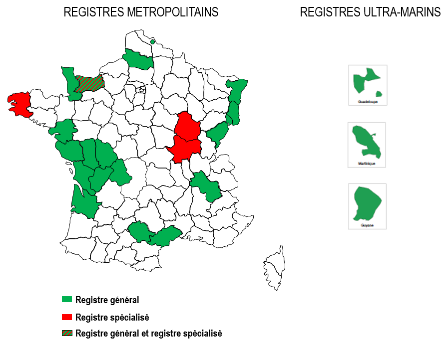 cartographie des départements couvert par un registre des cancers général ou spécialisé