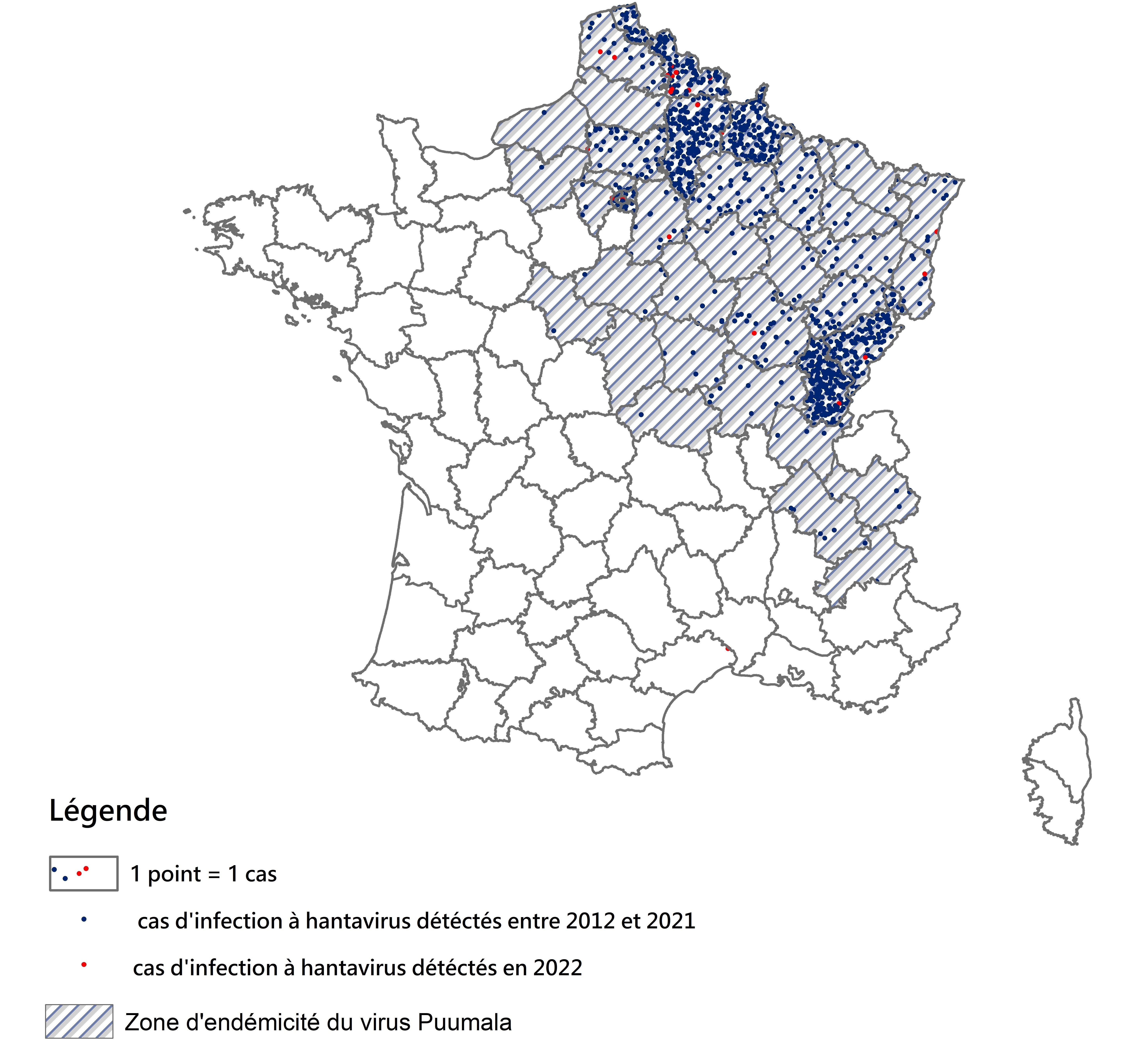 Distribution spatiale des cas d’infection à hantavirus rapportés par le CNR (Institut Pasteur) en France métropolitaine par département, Données CNR 2012 - 2022