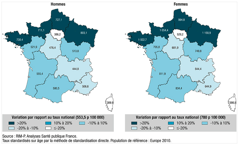 Taux standardisés (pour 100 000) de patients pris en charge pour troubles anxieux en 2014 dans les établissement ayan une activité autorisée en psychiatrie en France métropolitaine, selon la région et le sexe