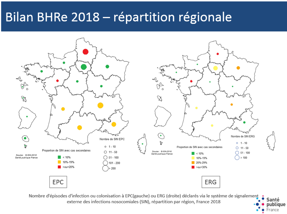 Cartographie - Nombre d'épisodes d'infection ou colonisation à EPC ou ERG déclarés via le système de signalement externe des infections nosocomiales et proportion d’épisodes rapportant plus de 1 cas, répartition par région, France, 2018