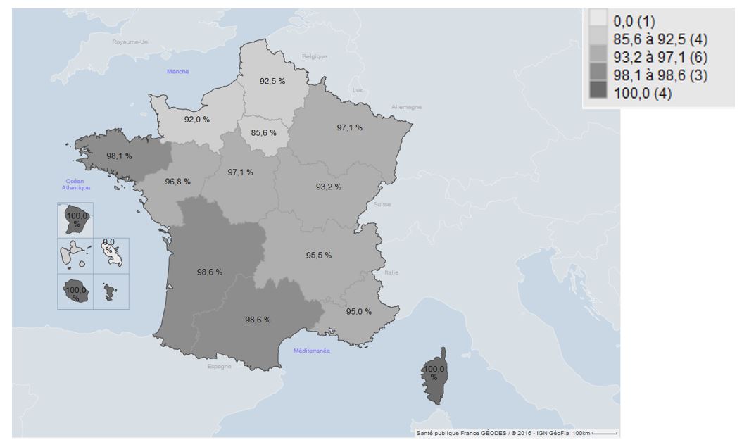 Figure 1 – Proportion de passages aux urgences enregistrés par le réseau OSCOUR® parmi l’ensemble des passages référencés par la Statistique annuelle des établissements (SAE) en 2019, par région, France