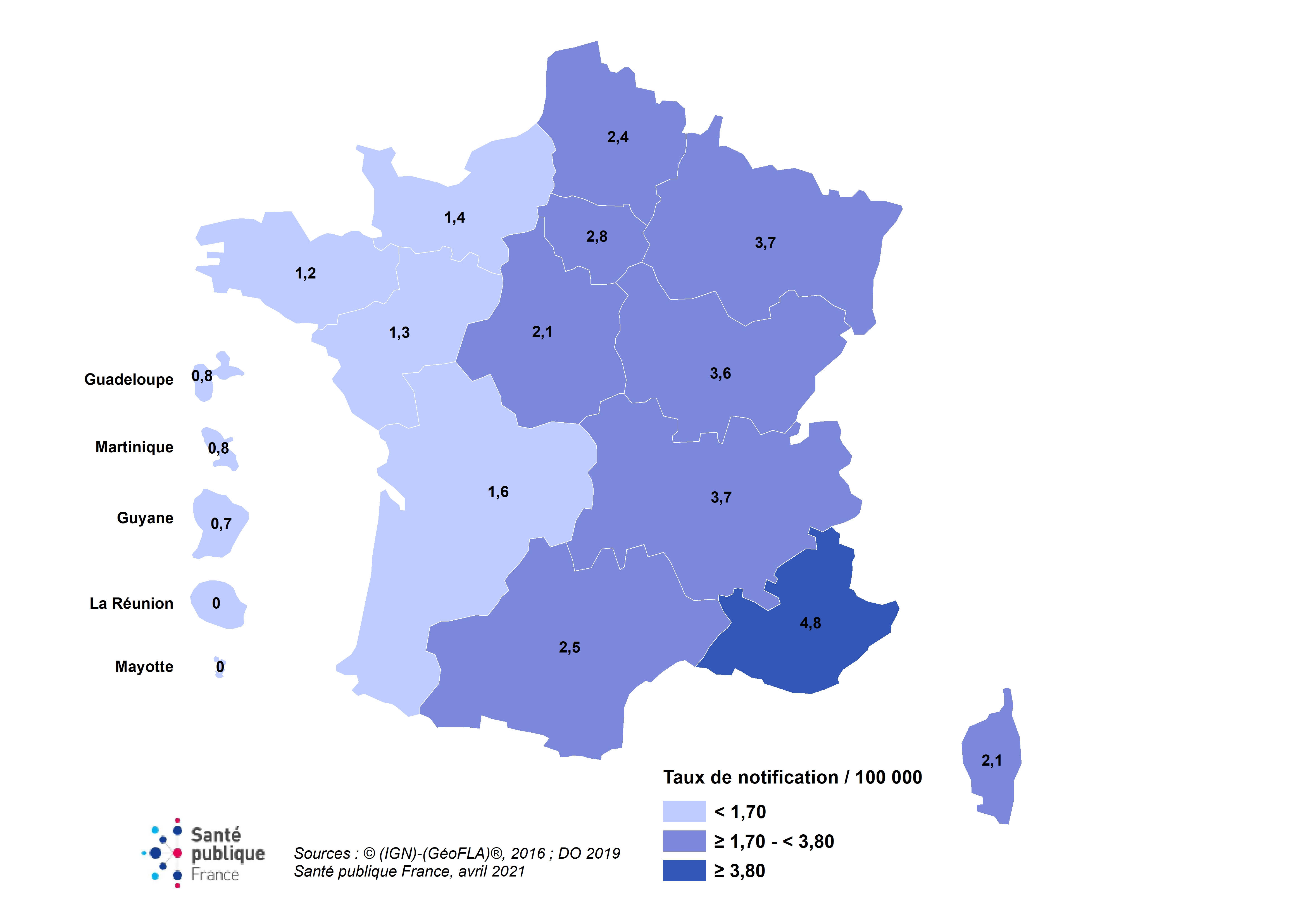 Figure 2. Distribution du taux d’incidence standardisé* de la légionellose selon la région de domicile en France, 2019