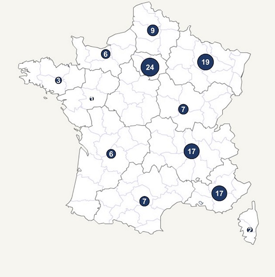 Figure 2 - Geographical distribution of confirmed cases of salmonellosis caused by Salmonella Typhimurium, monophasic variant (cluster 1 HC5_296366 and cluster 2 HC5_298160), by region of residence - metropolitan France, weeks 2 to 18, 2022