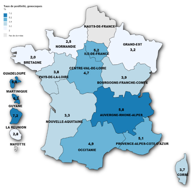 Taux de positivité (%) des dépistages des infections à gonocoque en CeGIDD, par région des CeGIDD, France, 2023