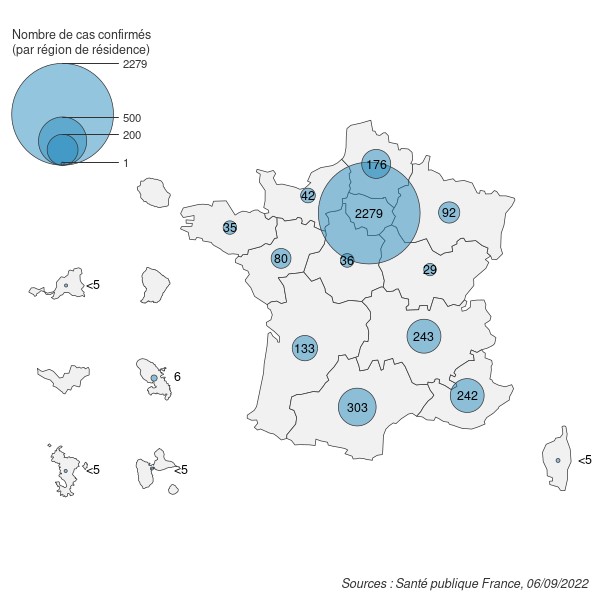 Figure 1. Cas confirmés biologiquement de variole du singe (n=3 701 cas) par région de résidence (ou par région de signalement lorsque la région de résidence est inconnue), France, mai-septembre 2022 (données au 06/09/2022 – 12h00)