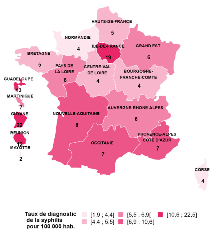 Taux d’incidence des diagnostics de syphilis en secteur privé par région de domicile (personnes diagnostiquées au moins une fois dans l'année pour 100 000 habitants), France, 2023