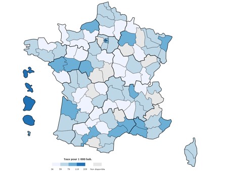 Nombre de tests Ag HBs réalisés pour 1 000 habitants, par département, LaboHEP 2021, France
