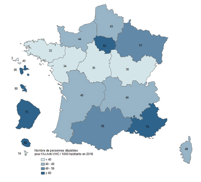 Nombre de personnes dépistées pour les Ac anti-VHC ( / 1 000 habitants), par région, France, 2018 (tous régimes)