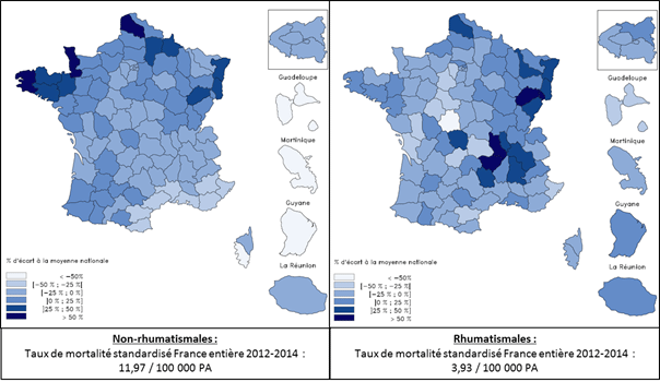 Disparités territoriales de la mortalité avec valvulopathie rhumatismale ou non-rhumatismale, en 2012-2014