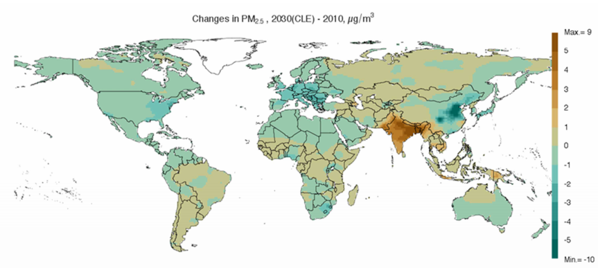 Carte - évolution des concentrations annuelles de particules fines en 2030 vs 2010
