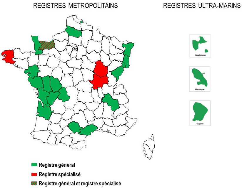 cartographie des départements couverts par un registre des cancers général ou spécialisé