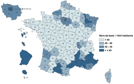 Activité de dépistage des Ac anti-VHC (tests / 1 000 habitants), par département, France, 2016