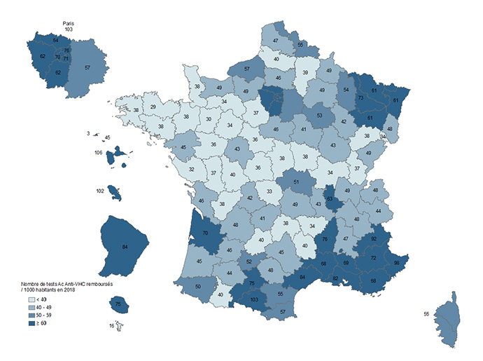 Activité de dépistage des Ac anti-VHC (tests / 1 000 habitants), par département, France, 2018 (tous régimes)