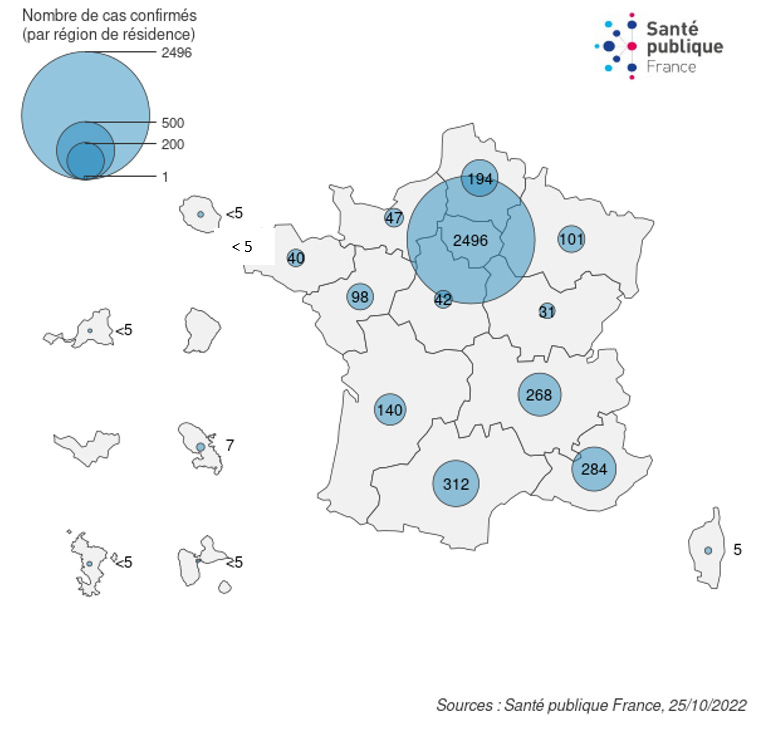 Figure 1. Cas confirmés biologiquement de variole du singe (n=4 072 cas) par région de résidence (ou par région de signalement lorsque la région de résidence est inconnue), France, mai-octobre 2022 (données au 25/10/2022 – 12h00)