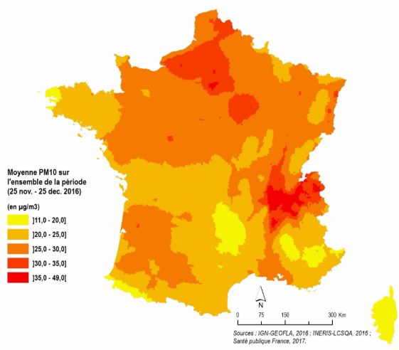 Moyenne des concentrations journalières en PM10 par commune modélisées sur la durée du pic de pollution de décembre 2016