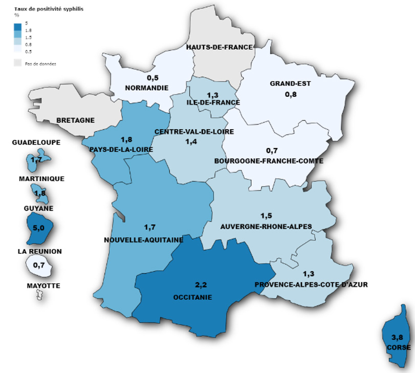 Taux de positivité (%) des dépistages des syphilis en CeGIDD, par région des CeGIDD, France, 2023