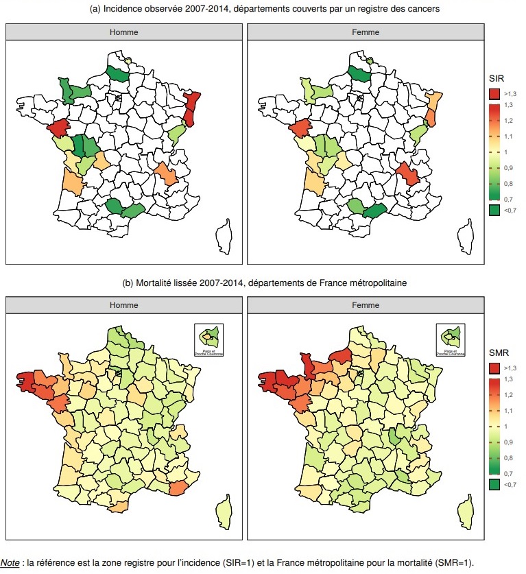 Rapports standardisés d’incidence (SIR) et de mortalité (SMR) des mélanomes cutanés