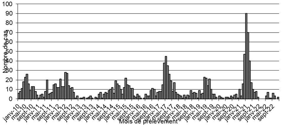 Distribution mensuelle de cas d'infection à hantavirus rapportés par le CNR de 2005 à 2022 en France métropolitaine, données CNR des Hantavirus (Institut Pasteur)