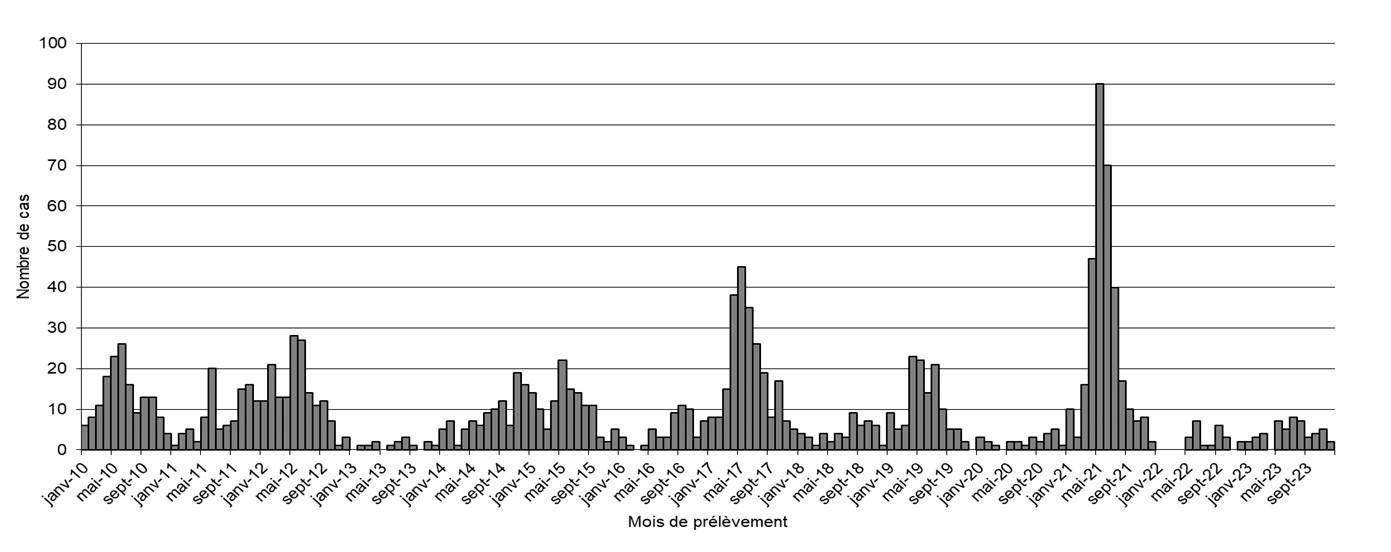 Distribution mensuelle de cas d'infection à hantavirus rapportés par le CNR de 2005 à 2023 en France hexagonale, données CNR des Hantavirus (Institut Pasteur)