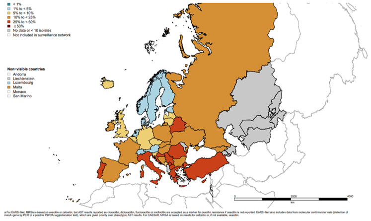 Figure - Proportion de résistance à la methicilline chez les souches de Staphylococcus aureus isolées d’infections invasives, Europe, 2020