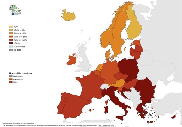 Proportion de résistance aux céphalosporines de 3e génération chez les souches de Klebsiella pneumoniae isolées d’infections invasives, Europe, 2022