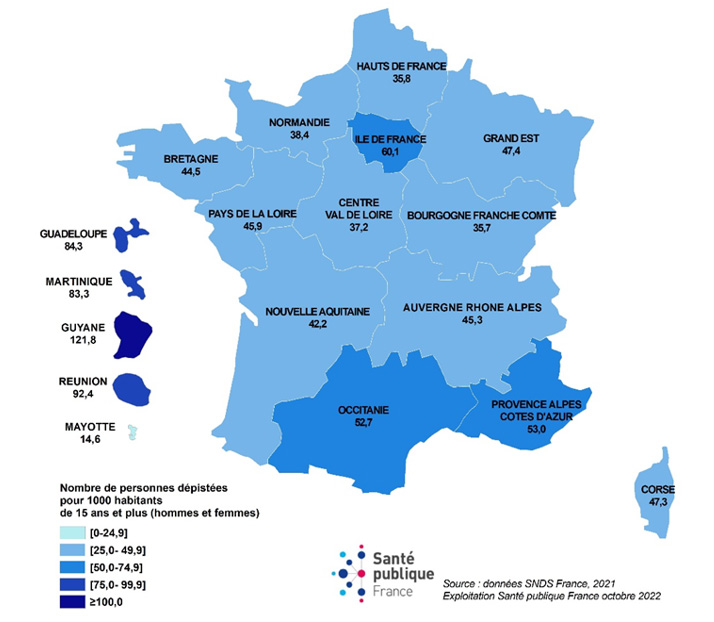 Taux de dépistage des gonococcies par région de domicile pour les 15 ans et plus (personnes dépistées au moins une fois dans l'année pour 1 000 habitants), France, 2021