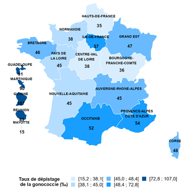 Taux de dépistage des infections à gonocoque par région de domicile (personnes dépistées au moins une fois dans l'année pour 1 000 habitants), France, 2023