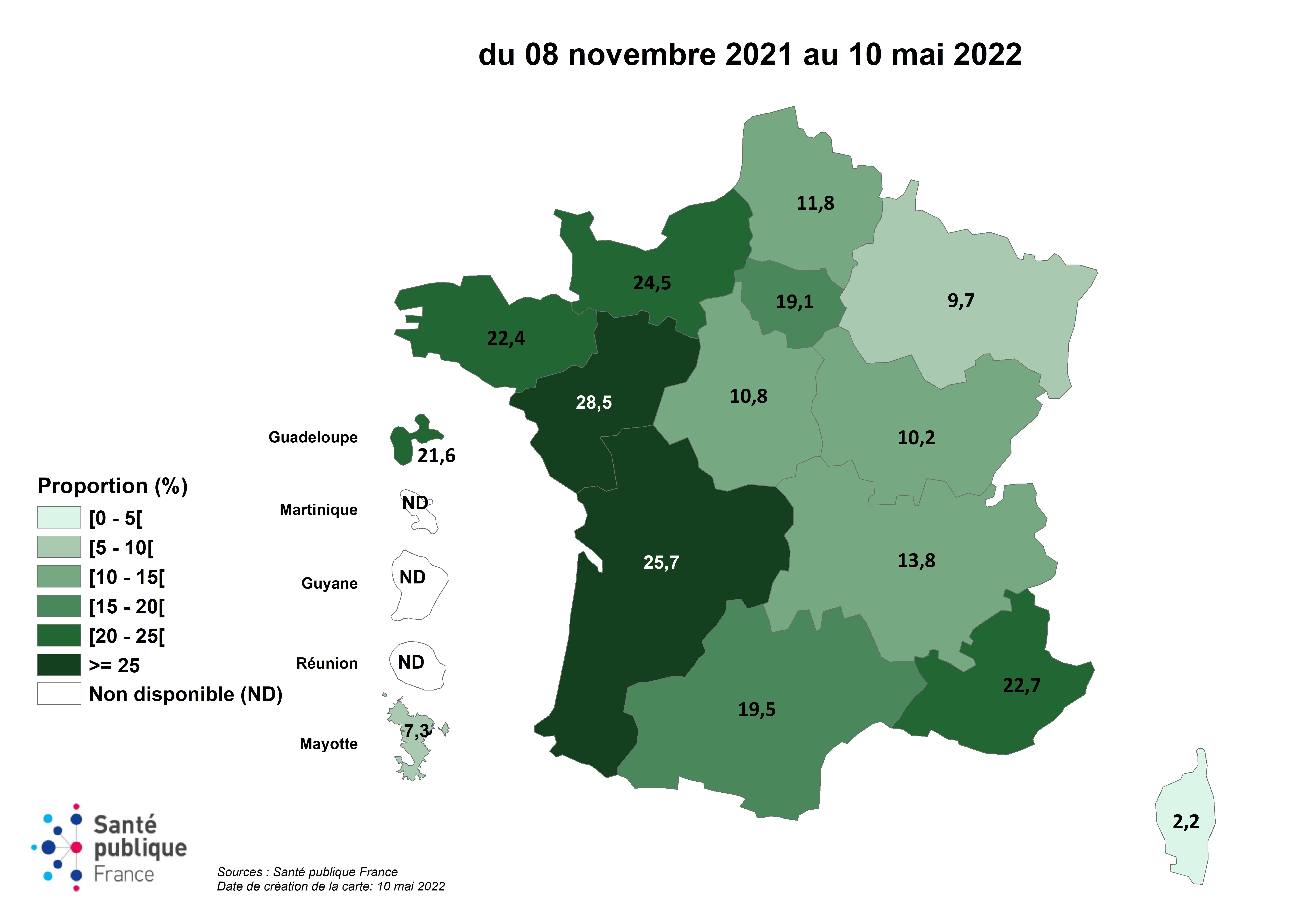 Figure 2. Répartition régionale des proportions de PES infectés pendant la 5e vague de la pandémie COVID-19, France (données au 10 mai 2022, N=51 342)Figure 2. Répartition régionale des proportions de professionnels travaillant en établissements de santé infectés pendant la cinquième vague de la pandémie COVID-19, France (données au 12 avril 2022, N=45 890)
