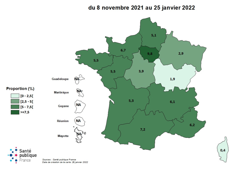 Figure 2. Répartition régionale des proportions de professionnels travaillant en établissements de santé infectés pendant la cinquième vague de la pandémie COVID-19, France (données au 25 Janvier 2022, N=17 337)