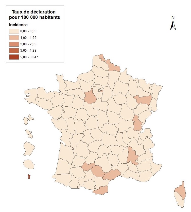Carte. Taux de déclaration (pour 100 000 habitants) d’hépatite aiguë A par département, France entière, 2020