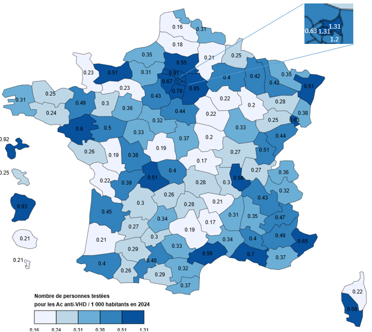 Nombre de personnes dépistées pour les Ac anti-VHD (/ 1 000 habitants), par département, France, 2024 (tous régimes)