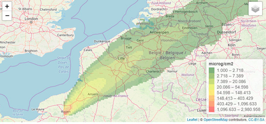Carte de dépôts de suies (PM10) simulés par l’Ineris (modèle CHIMERE)
