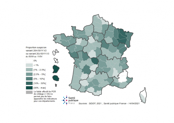 Carte - Proportion de suspicion de variant d’intérêt 20H/501Y.V2 ou 20J/501Y.V3 du 5 au 11 avril 2021