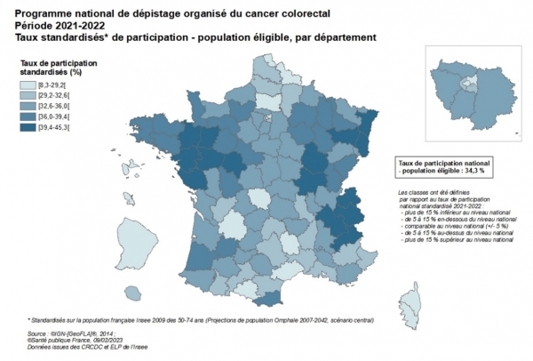 Carte - Programme national de dépistage organisé du cancer colorectal, taux standardisés population éligible par département, 2021-2022